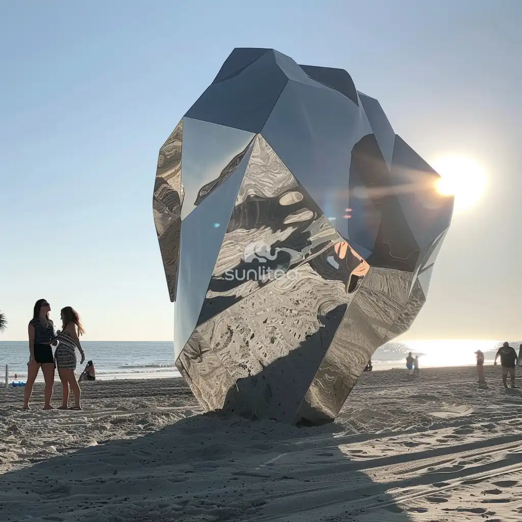 Geometric Stainless Steel Stone Sculpture Large