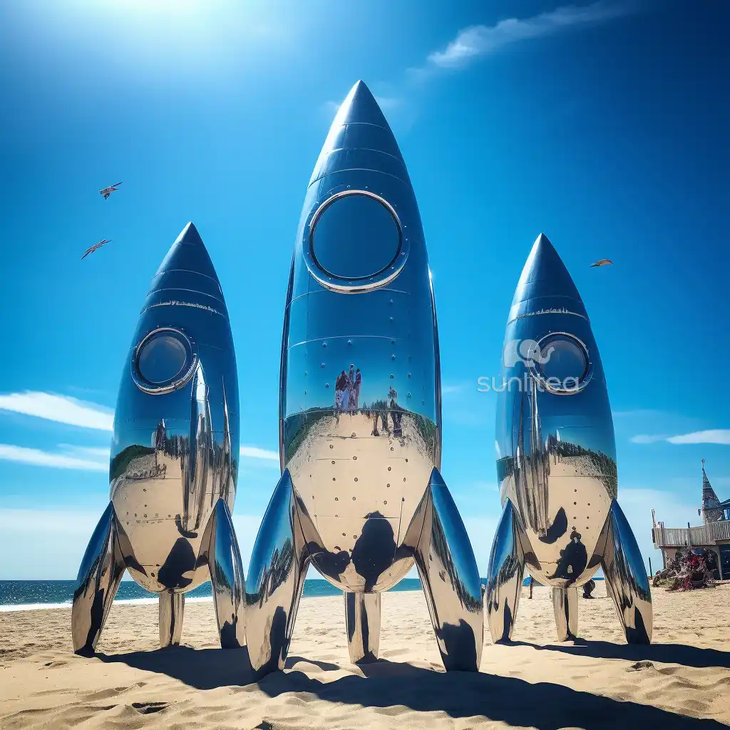 Large Mirror Metal Silver Rocket Ship Sculpture