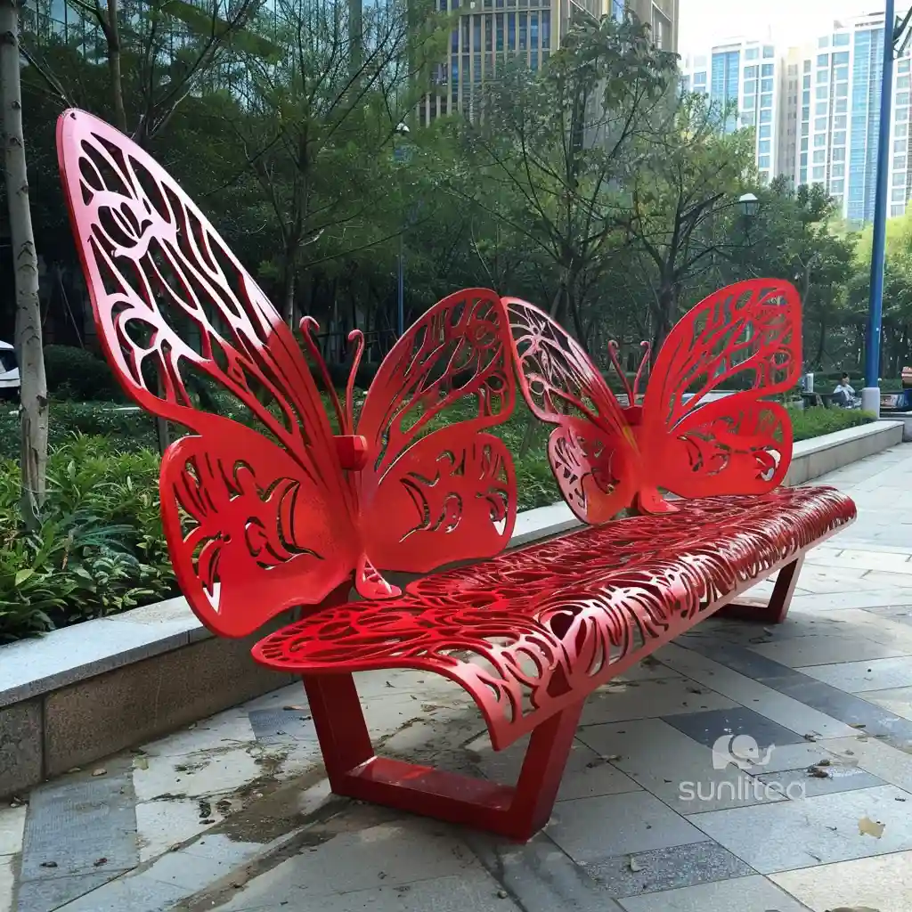 Metal Red Butterfly Garden Bench