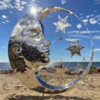 Metal Woman Face Moon Sculpture Stars