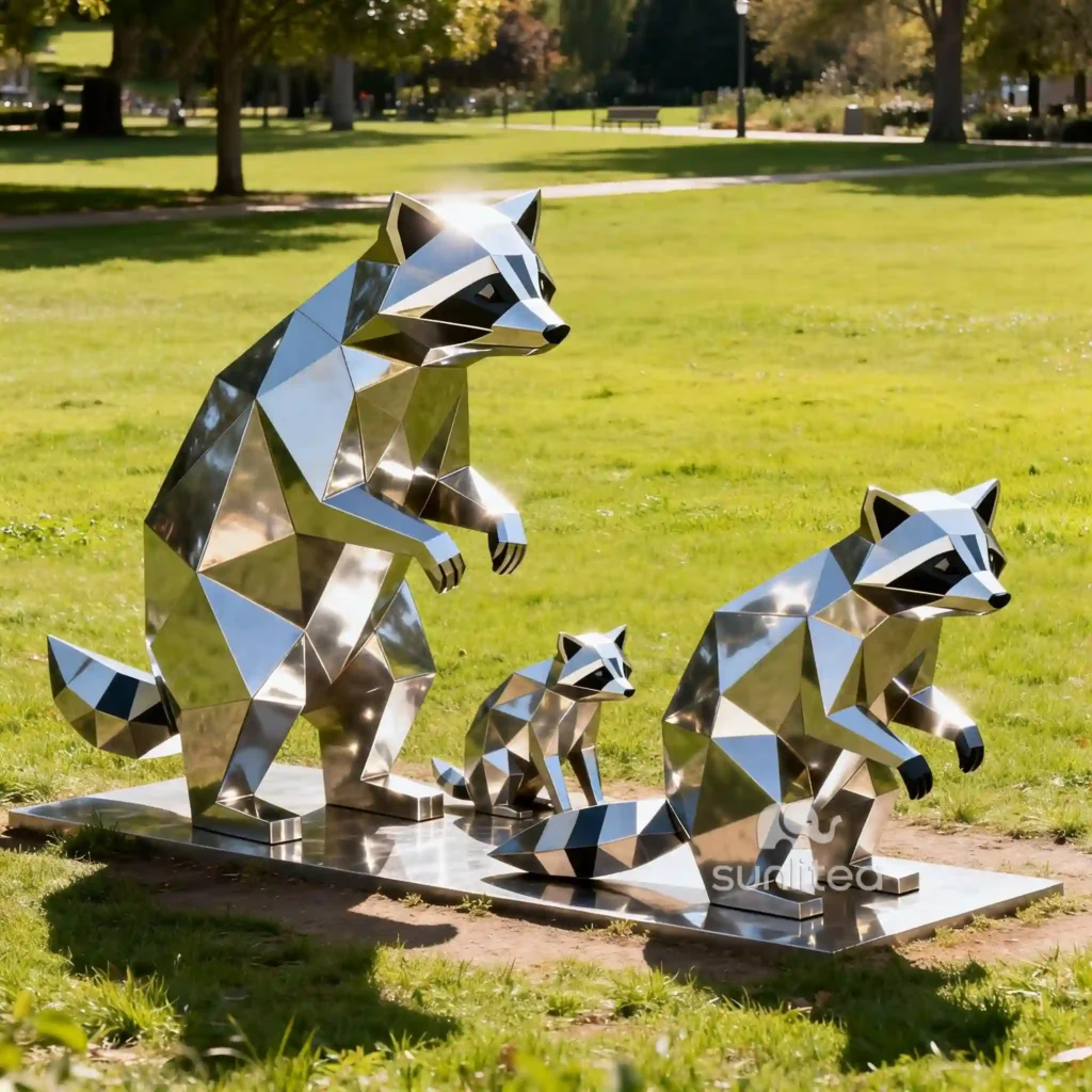 Life Size Raccoon Family Sculpture