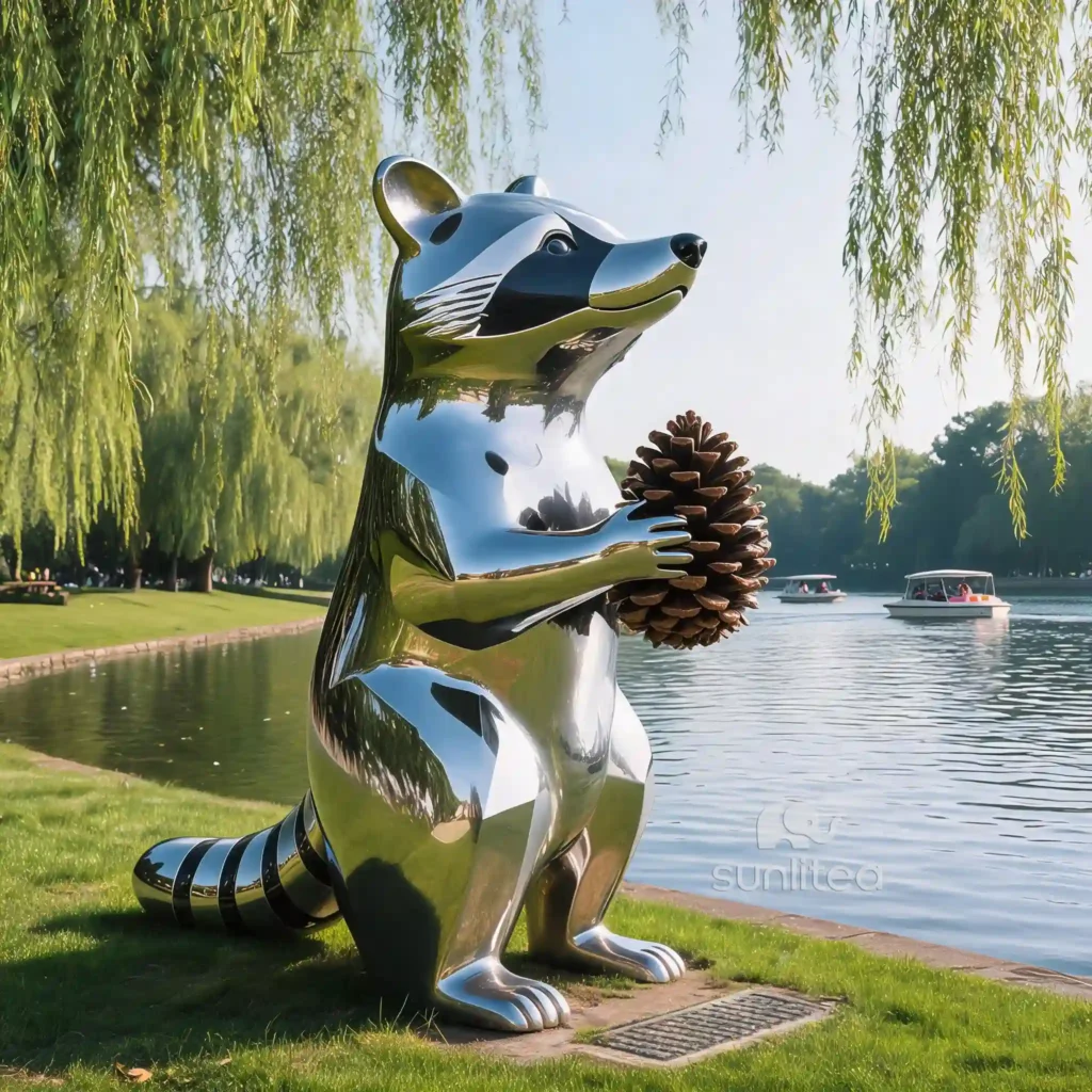 Raccoon Sculpture Holding Pine Cone