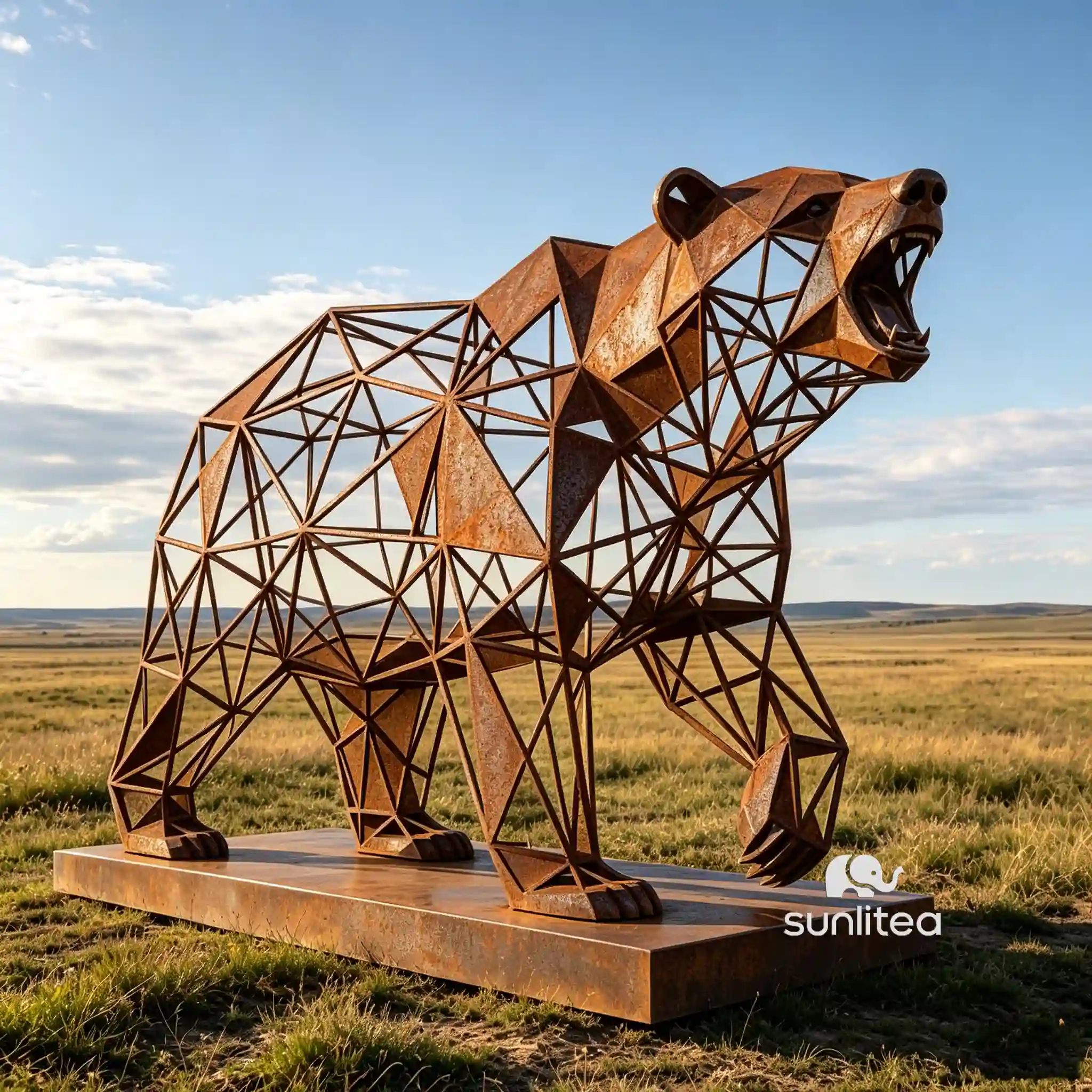 Corten Steel Geometric Wire Abstract Bear Sculpture