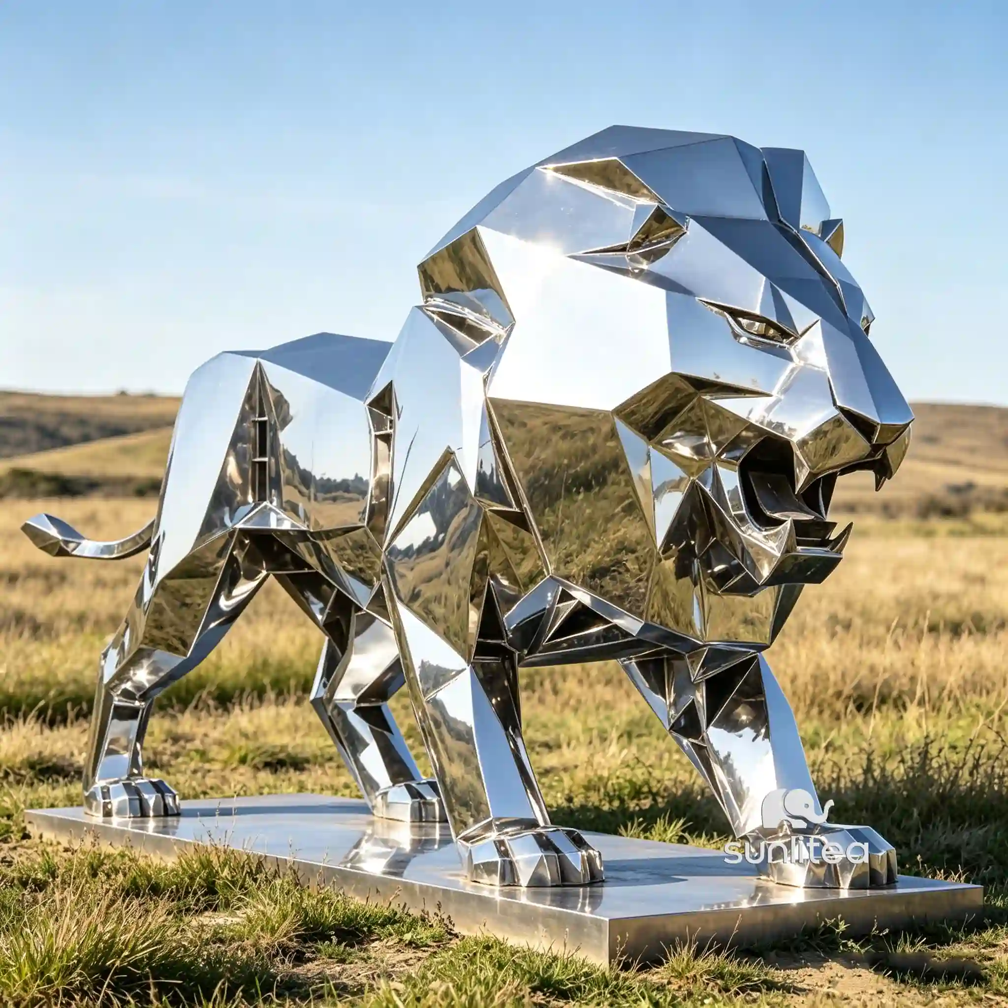Mirror Geometric Abstract Lion Sculpture