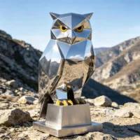 Mirror Metal Abstract Owl Sculpture