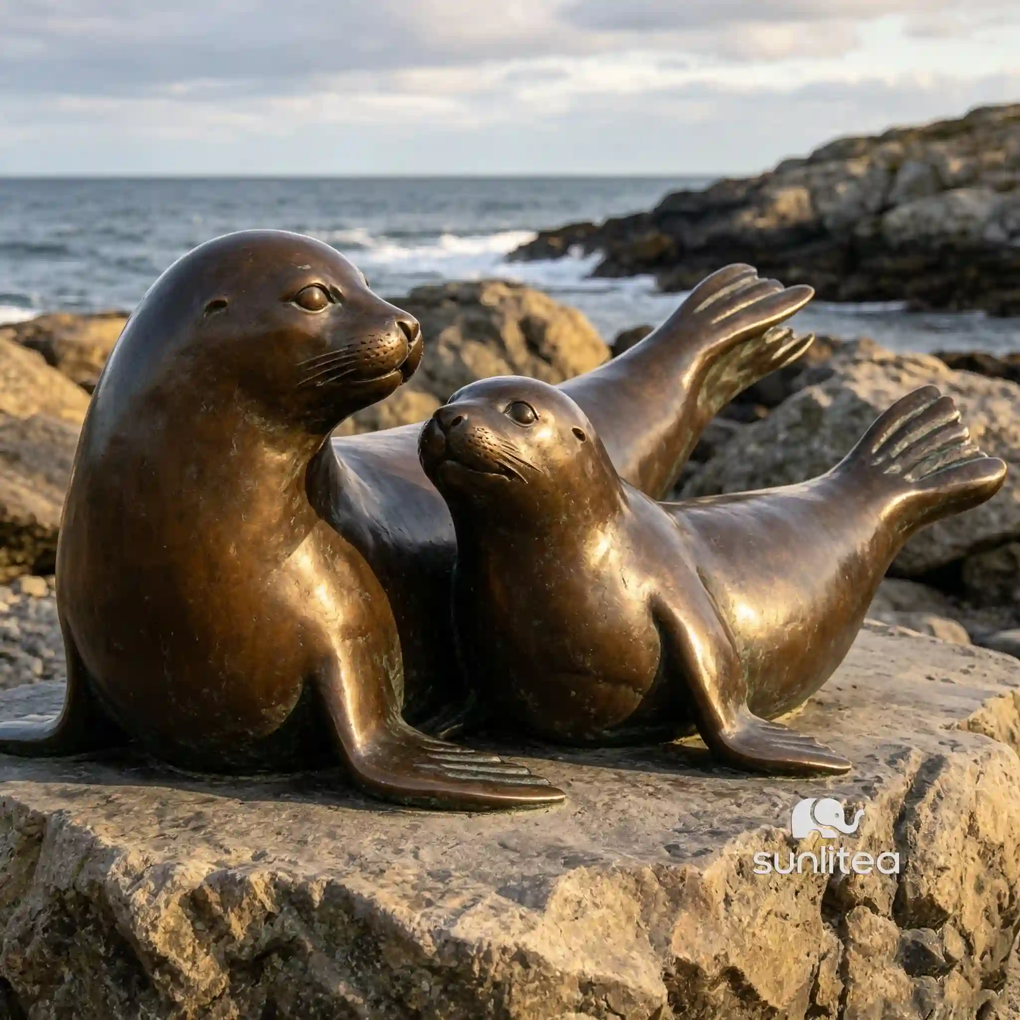 Mother Harbor Seal Statue with Pup