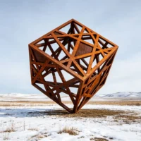 Hollow Rust Abstract Cube Sculpture